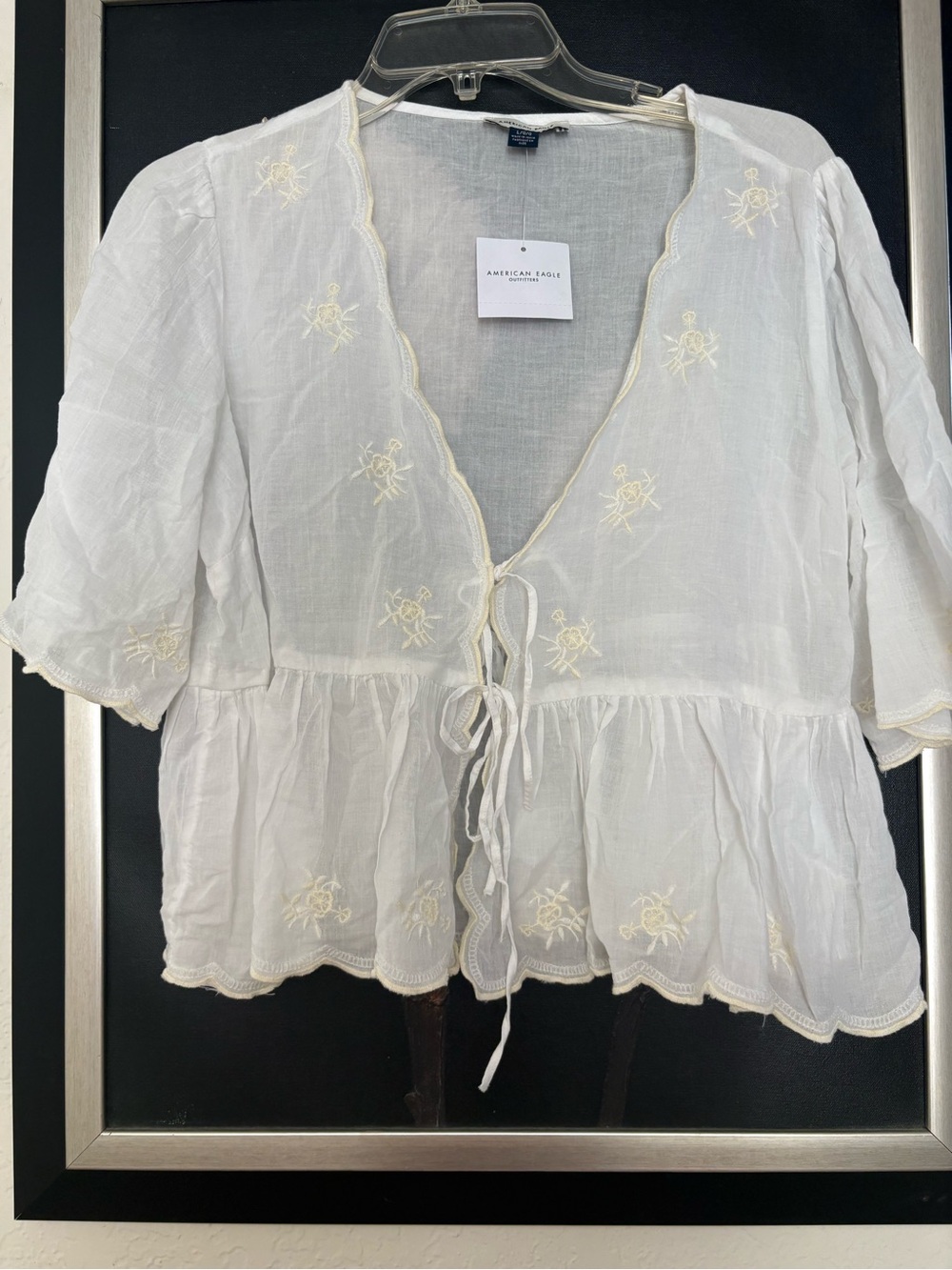 American Eagle Outfitters White Peplum Tie-Front Top with Cream Embroidery